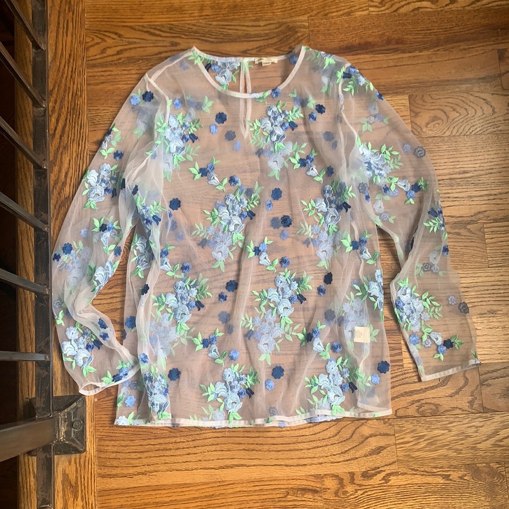Sheer White Top with Blue Florals